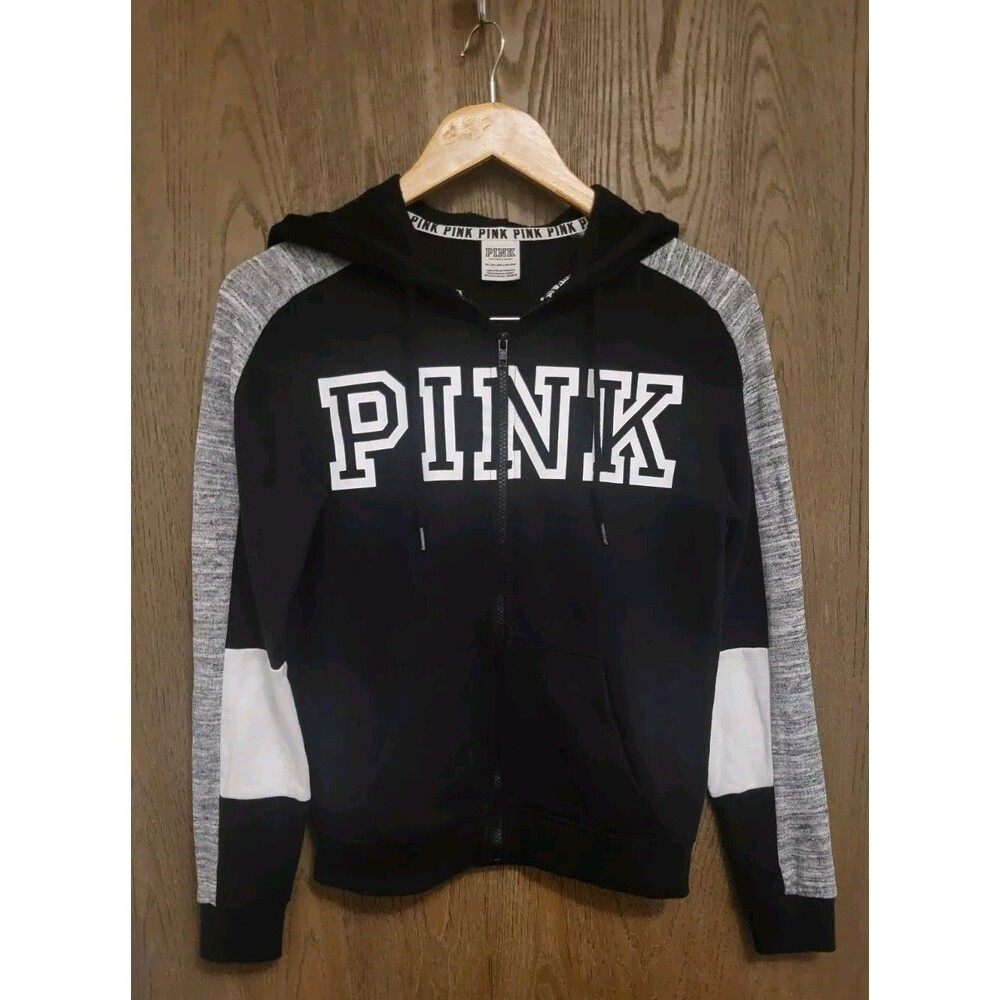 PINK Victoria’s Secret Womens Black Gray & White Zip Up Hoodie Size XS